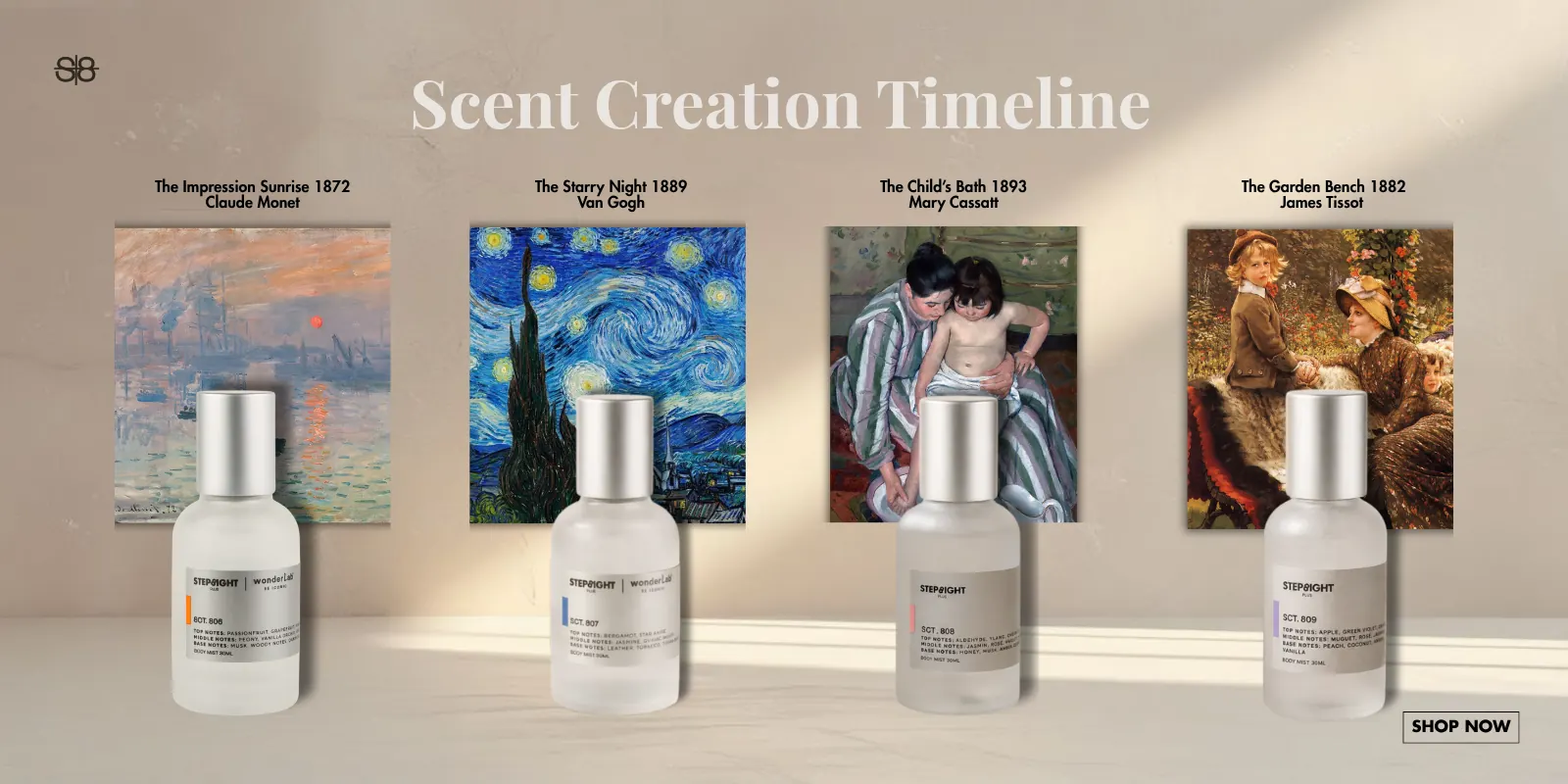 Four STEP8IGHT Plus body mists in front of the paintings that named them