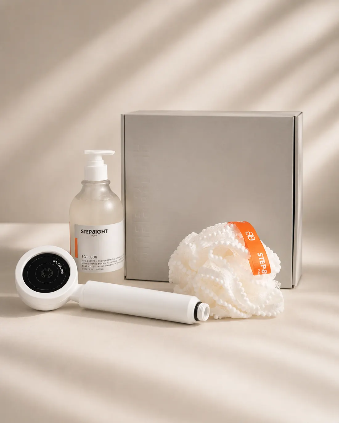 The Step Zero Ritual Kit: body gel, shower head and bath ball